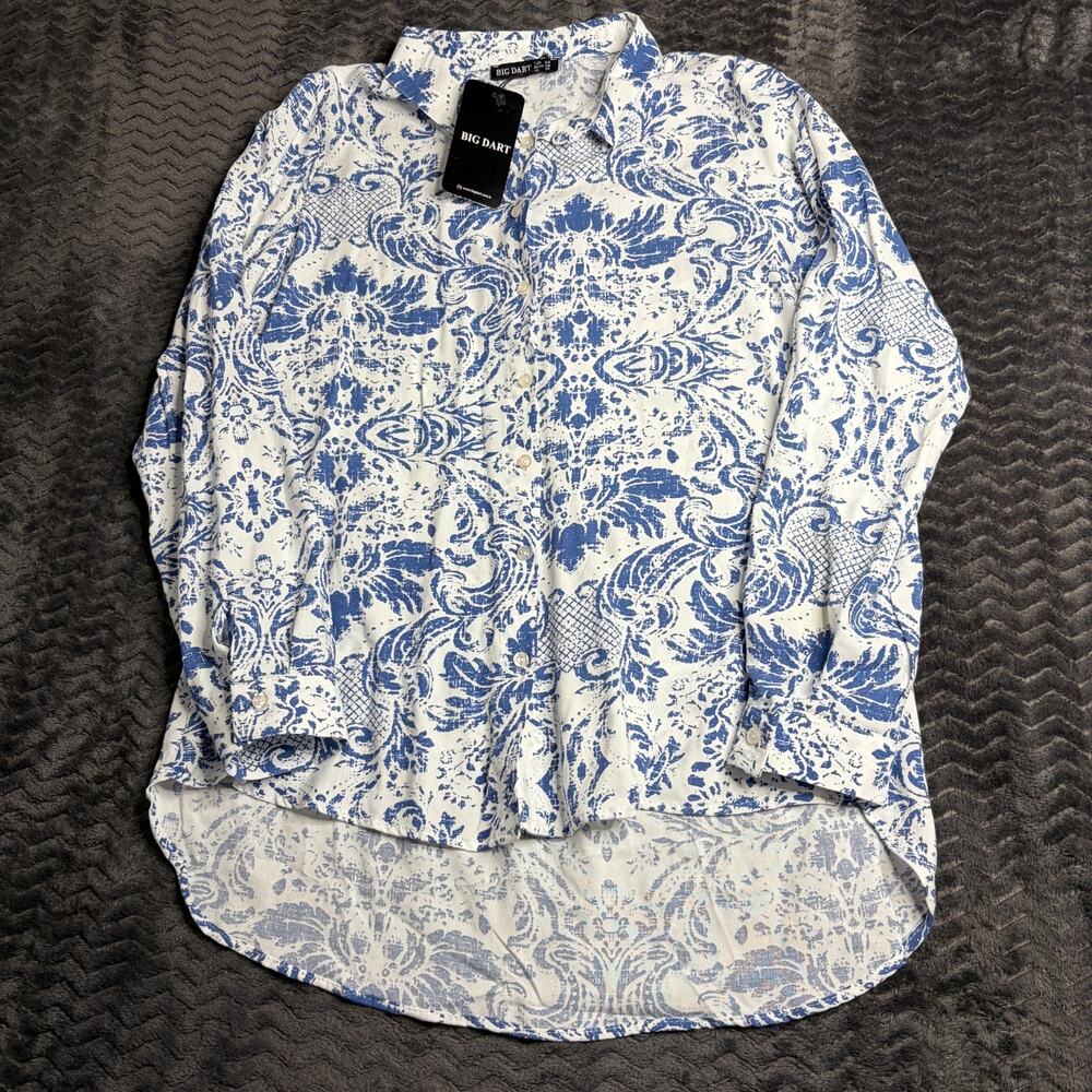 BIG DART Women Blue White Damask Print Button Down Shirt Blouse Size 12
